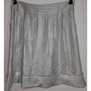 Intuitions Silver Shiny Metallic Embroidered A-Line Skirt 6 Hidden Pockets Lined